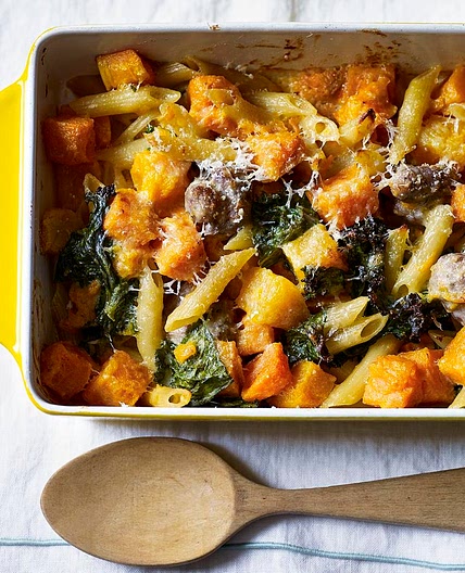 Sausage, squash and kale pasta bake