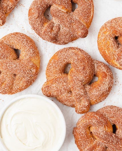 Cinnamon Sugar Soft Pretzels with Cream Cheese Frosting Dip