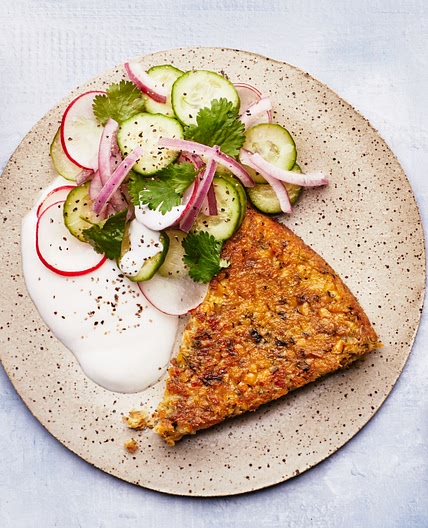 Big Baked Falafel Cake With Cucumber Salad