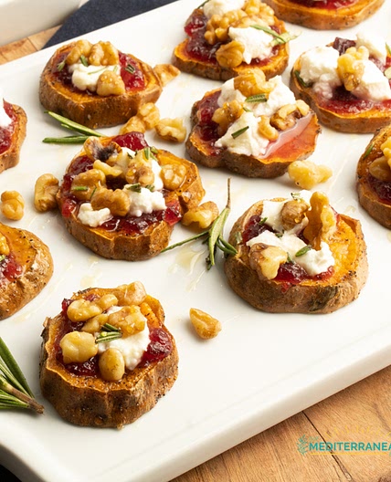 Sweet Potato Appetizers With Cranberry Sauce and Walnuts