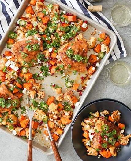 Sheet Pan Chicken Thighs with Cauliflower, Sweet Potato and Pomegranate