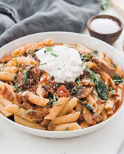 Sausage & Mushroom Pasta with Spinach & Burrata