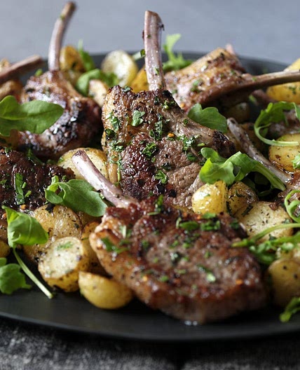 Lamb cutlets with mint, chilli and golden potatoes
