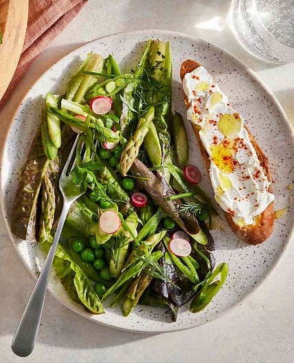 Spring Gem Salad with Soft Herbs and Labneh Toasts