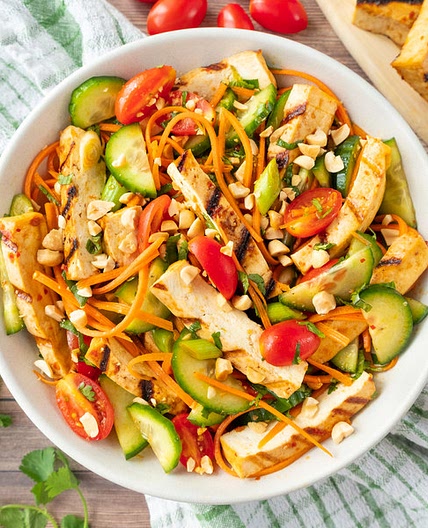 Asian Chili-Garlic Salad with Grilled Tofu, Peanuts & Fresh Herbs