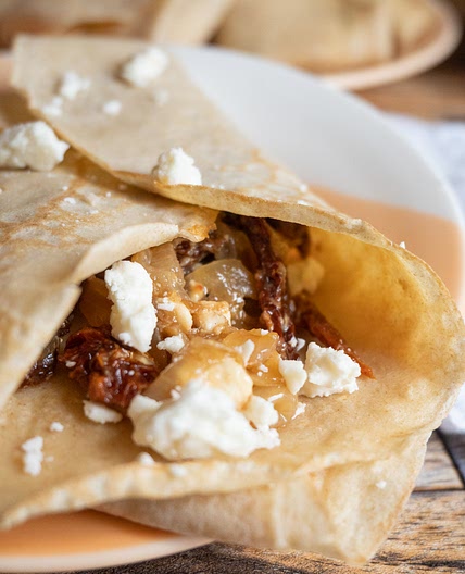 Whole Wheat Savory Crepes with Caramelized Onions, Sun Dried Tomatoes and Feta
