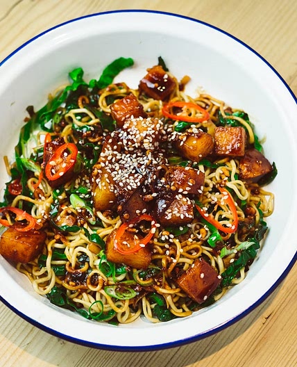 Peanut Glazed Swede With Green Cabbage and Chilli Noodles