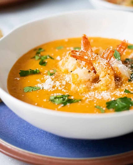 Roasted Tomato and Fennel Soup with Garlic-Parmesan Shrimp