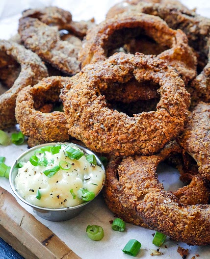 Whole30 Almond-Crusted Onion Rings with Green Onion–Cracked Pepper Aioli From The Whole30 Friends & Family