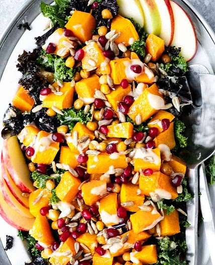 Roasted Butternut Squash and Kale Salad with Roasted Garlic Tahini Dressing