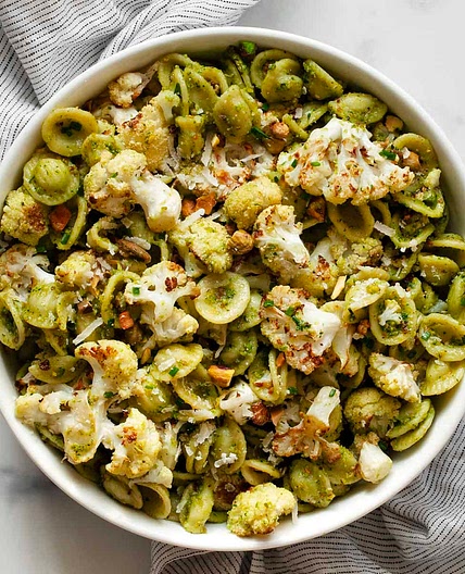 Roasted Cauliflower Pasta with Spinach Pesto