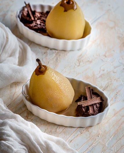 Poached Pears with Chocolate Mousse
