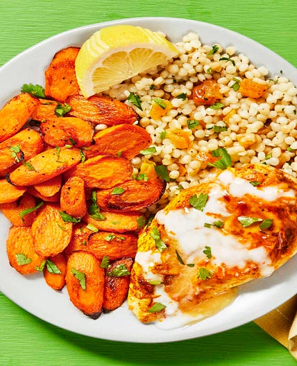 Citrus & Spice Marinated Chicken with Roasted Carrots, Apricot Cilantro Couscous & Garlic Yogurt Sauce