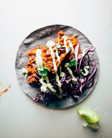 Sticky Sweet Potato Tacos with Avocado Cilantro Sauce
