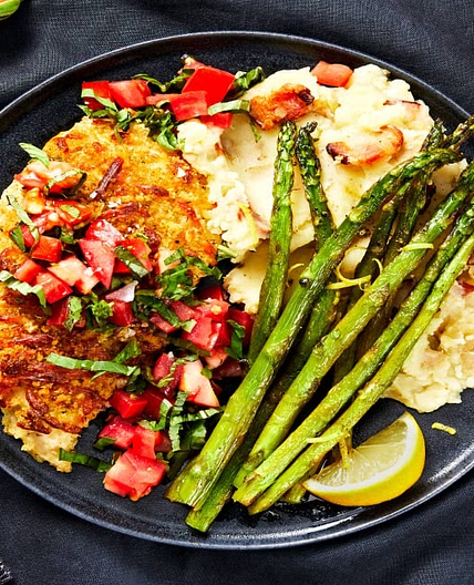 Bruschetta Chicken with a Crispy Mozzarella Crust, Bacon Mashed Potatoes, and Asparagus