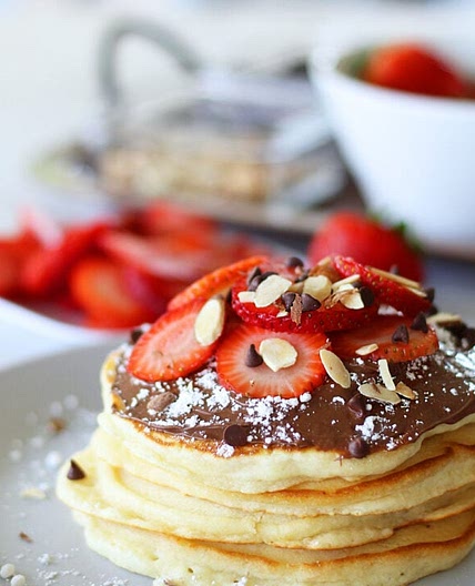Fluffy Strawberry And Nutella Pancakes