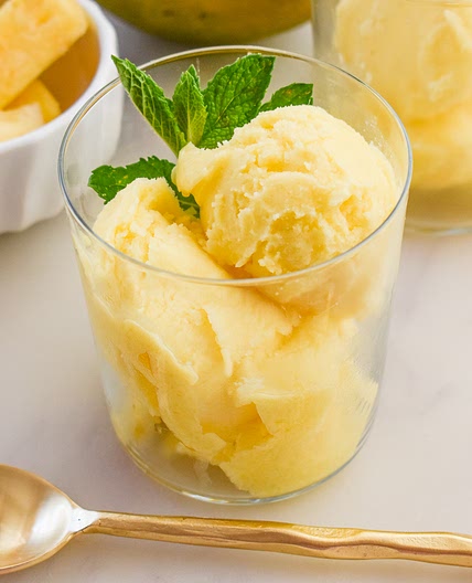 Creamy Low-FODMAP Pineapple Mango Sorbet; Gluten-free, Vegan