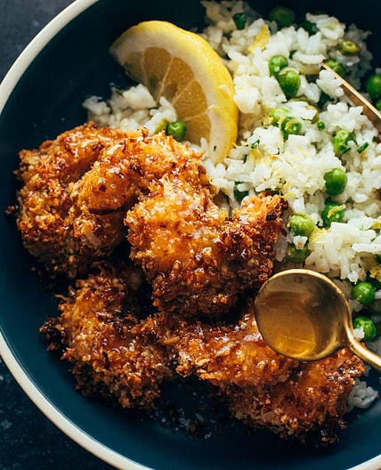 Baked Coconut Shrimp with Springy Rice and Honey Butter Sauce