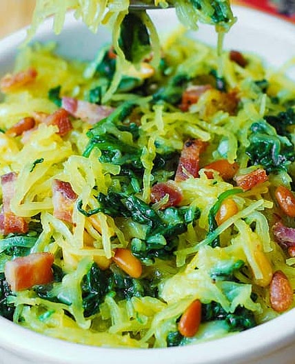 Parmesan Spaghetti Squash, Spinach, and Bacon with Pine Nuts