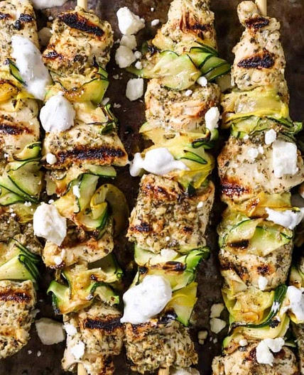 Greek-Inspired Grilled Chicken Skewers with Squash Ribbons