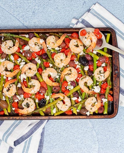 Sheet-Pan Greek Shrimp with Asparagus, Tomatoes and Olives Recipe