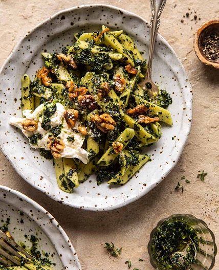 Herby Kale Pesto Pasta with Buttery Walnuts