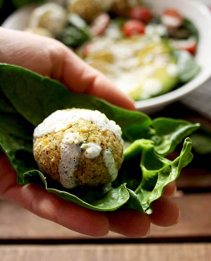 Crispy Baked Falafel with Hazelnuts and Creamy Lemon-Mint Sauce