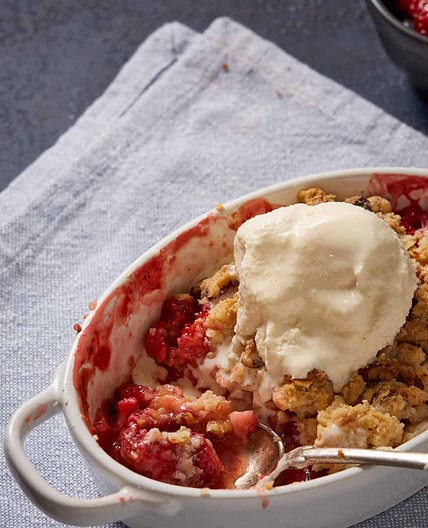 Strawberry Rhubarb Crumble/Crisp with a Buttery Pecan Topping