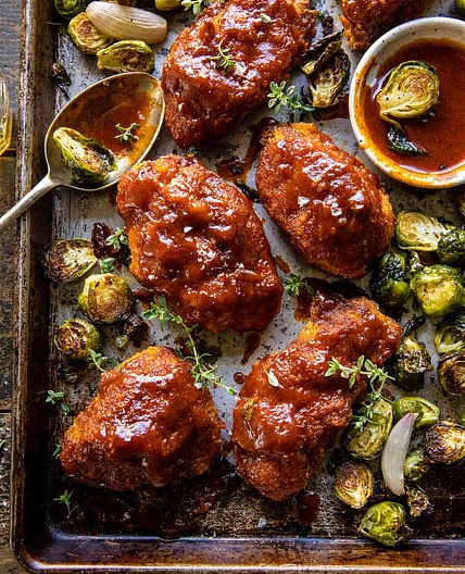 Sheet Pan Hot Honey Mustard Chicken and Crispy Brussels Sprouts