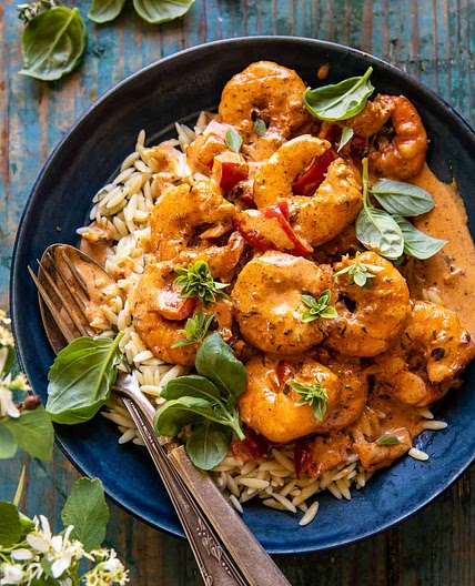 Spicy Southern Style Shrimp with Lemon Basil Orzo