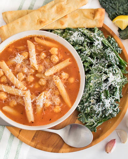Chickpea-Tomato Noodle Soup with Kale Caesar & Breadsticks
