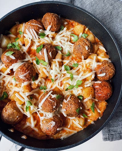 Easy Vegan Meatball Gnocchi Skillet ~ Gluten-free, Under 10 ingredients