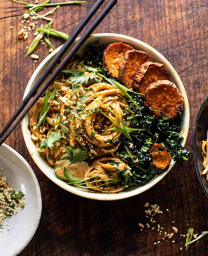 Saucy Tahini Noodles with Honey'd Sweet Potatoes