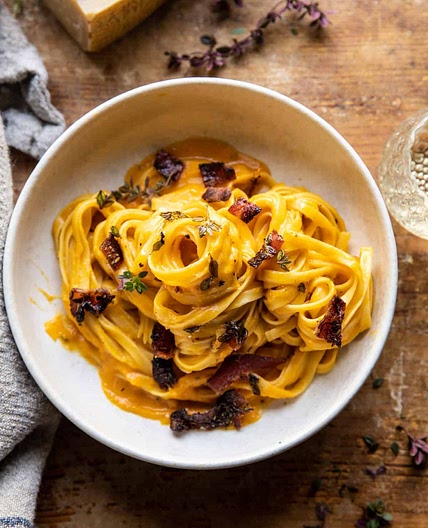 Butternut Squash Pasta Carbonara with Rosemary Bacon