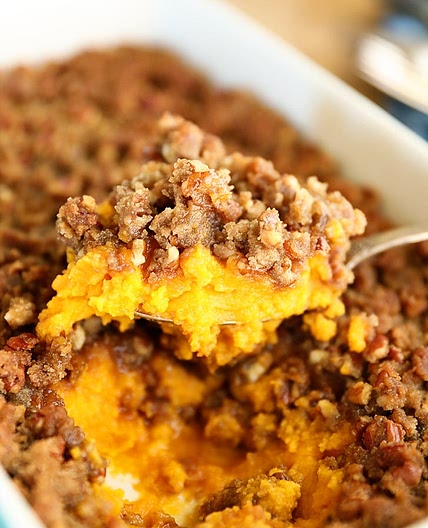 Sweet Potato Casserole with Pecan Praline Topping