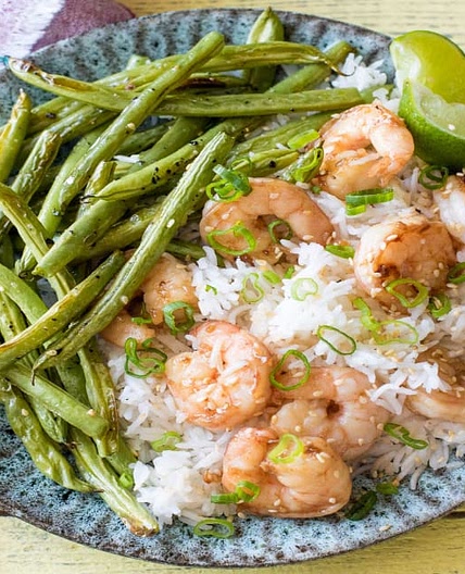 Sesame Shrimp with Ginger Scallion Rice and Crispy Green Beans