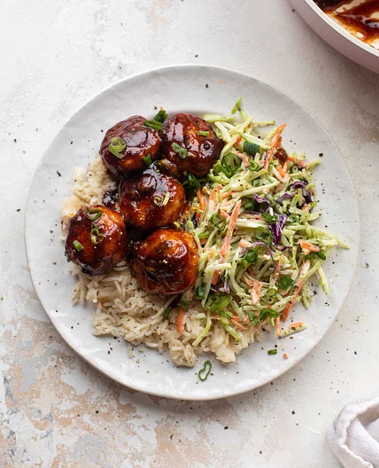 Sticky BBQ Chicken Meatballs with Broccoli Slaw