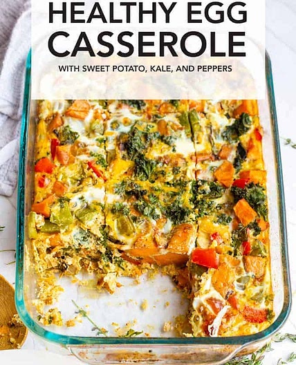 Healthy Egg Casserole with Sweet Potatoes, Kale, and Peppers