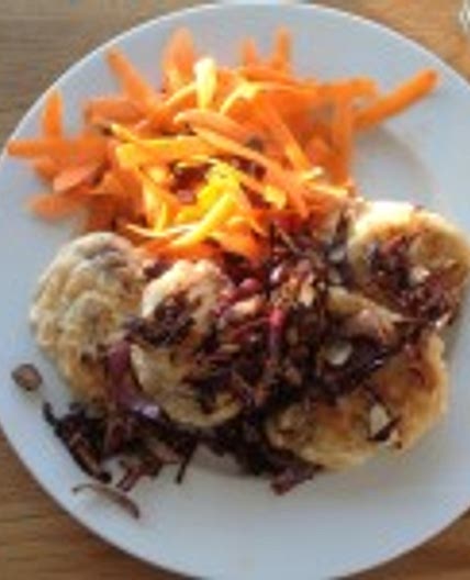 Olive Drop Scones, Crispy Fried Onions & Carrot Ribbon Salad