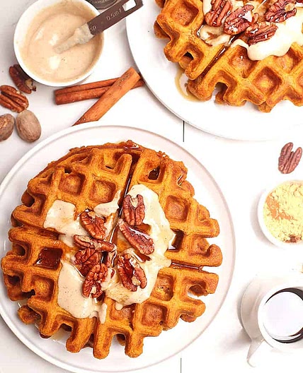 Pumpkin Waffles with Maple Cashew Cream