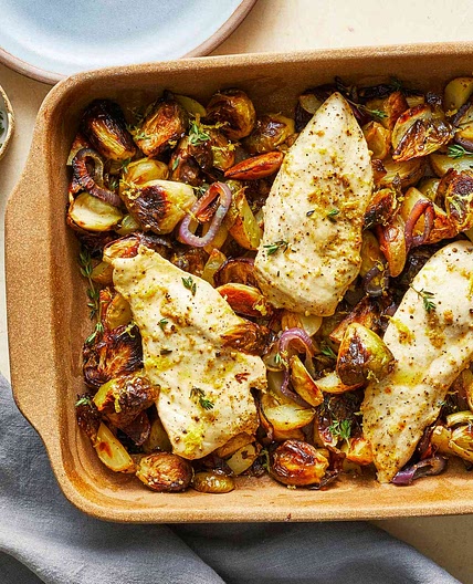 Lemon-Garlic Dump Dinner with Chicken, Potatoes & Brussels Sprouts