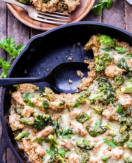 Cheesy Pesto Chicken and Broccoli Quinoa Skillet
