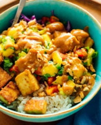 Mango "Burrito" Bowls with Crispy Tofu and Peanut Sauce