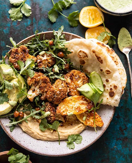 Cauliflower Shawarma with Green Tahini and Fried Halloumi