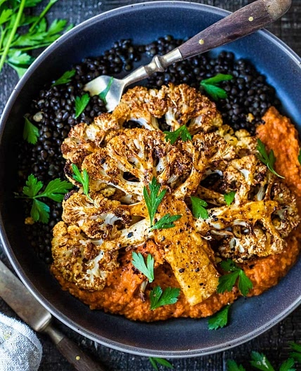 Cauliflower Steaks with Romesco Sauce and Lentils
