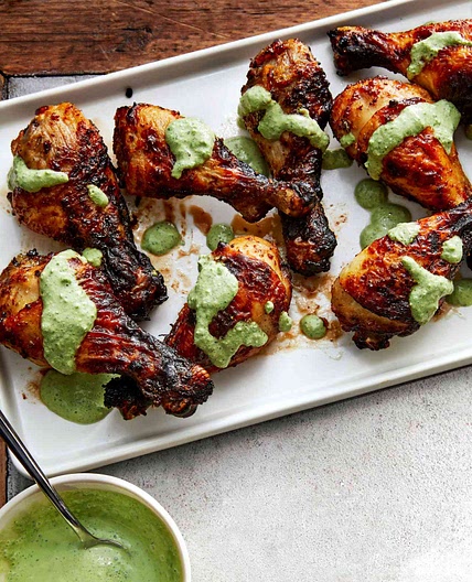 Air-Fried Peruvian Chicken Drumsticks with Green Crema