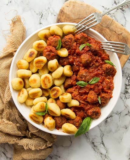 Crispy Gnocchi with Sausage Meatballs