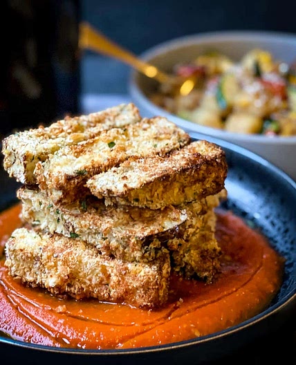Air Fryer Eggplant with Roasted Red Pepper Sauce