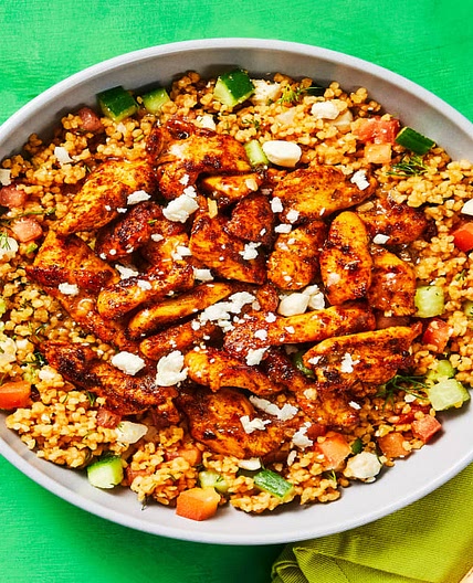Spicy Harissa Chicken Bowls over Tabbouleh with Feta & Greek Vinaigrette