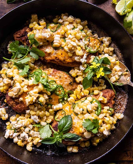 Jalapeño Cheddar Stuffed Chicken with Creamed Corn